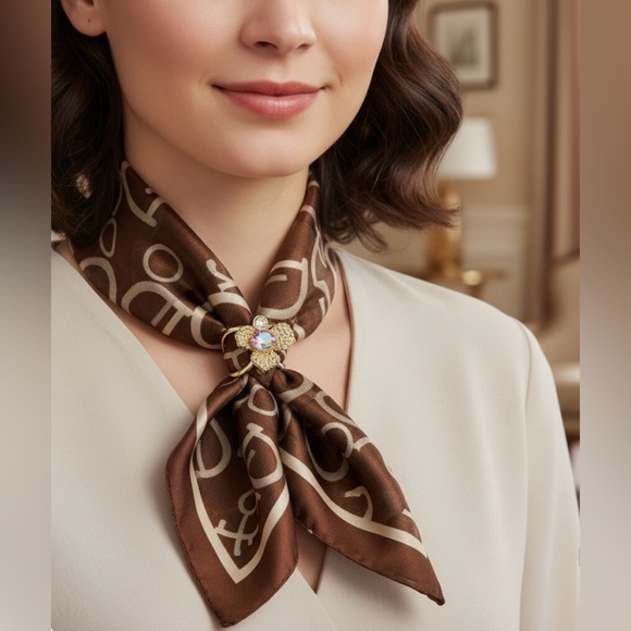 Gold Tone Aurora Borealis Crystal Flower Scarf Slide Ring Brooch - Picture 1 of 15